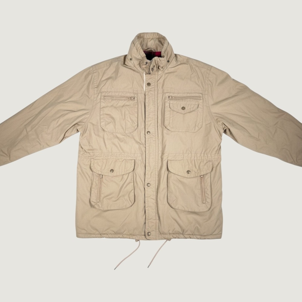 Vintage River Trader Mens L Tan Field Coat Utility Cargo Jacket Plaid Lined 90s